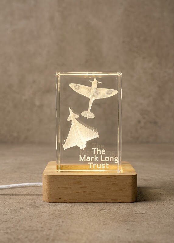 Image of an inner engraved crystal. Made in Spalding. Raising money for the Mark Long trust.