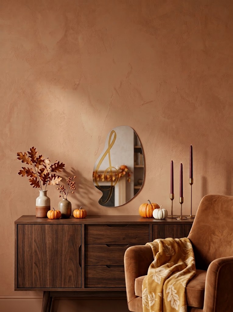 Treble clef mirror on a wall in warm light