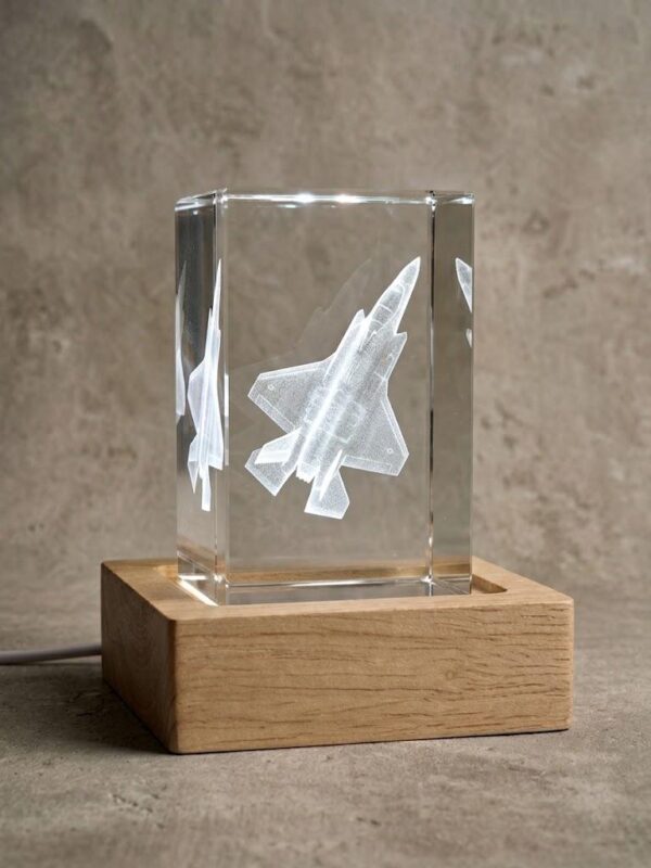 F-35 Lightning II 3D laser-engraved K9 crystal with LED light base