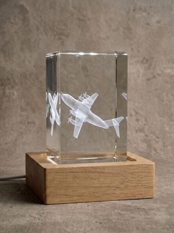 A400M Atlas 3D laser-engraved K9 crystal with LED light base
