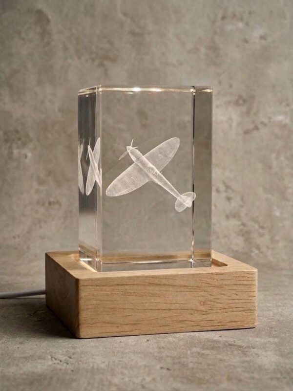Spitfire 3D laser-engraved K9 crystal with LED light base