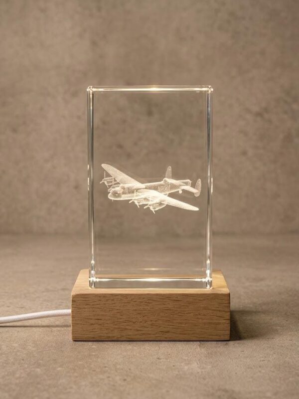 Lancaster Bomber 3D laser-engraved K9 crystal with LED light base