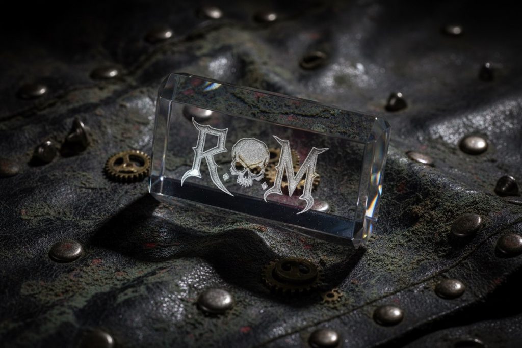 Skull monogram engraved inside a K9 crystal block, on studded leather